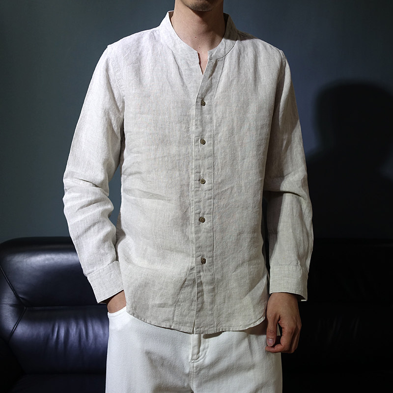 中式男款纯亚麻衬衫薄款长袖休闲春季茶服立领复古衬衣纯色中山装