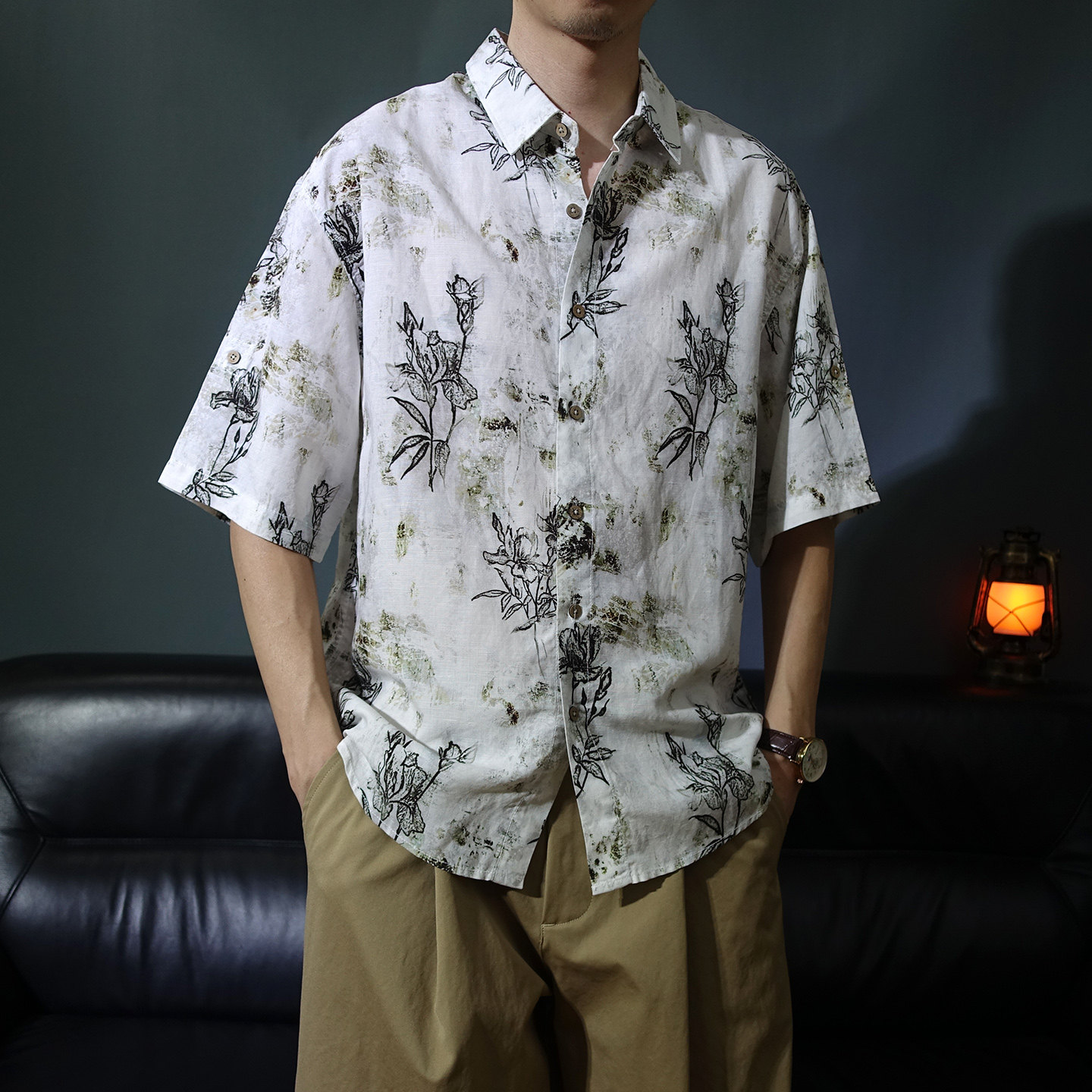 夏日薄款亚麻莱赛尔海边花衬衫男