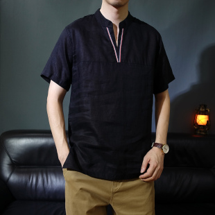 夏日薄款男士短袖衬衫纯亚麻V领新中式男装休闲黑色衬衣2025新款