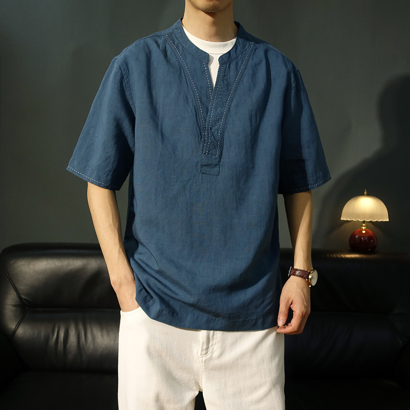 五分袖亚麻套头宽松老钱风衬衫男士休闲松弛感夏季莱赛尔半袖衬衣