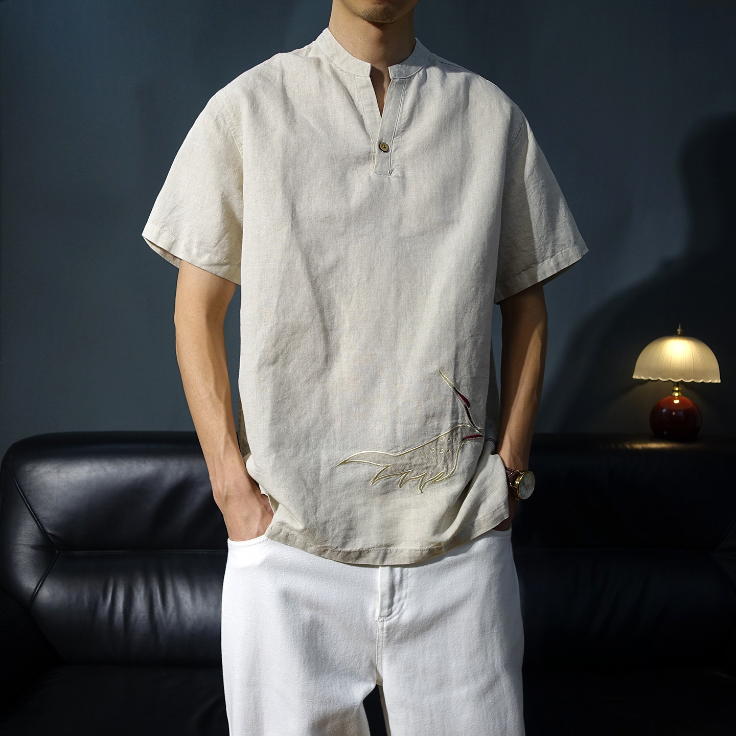 棉麻刺绣夏季立领套头短袖衬衫