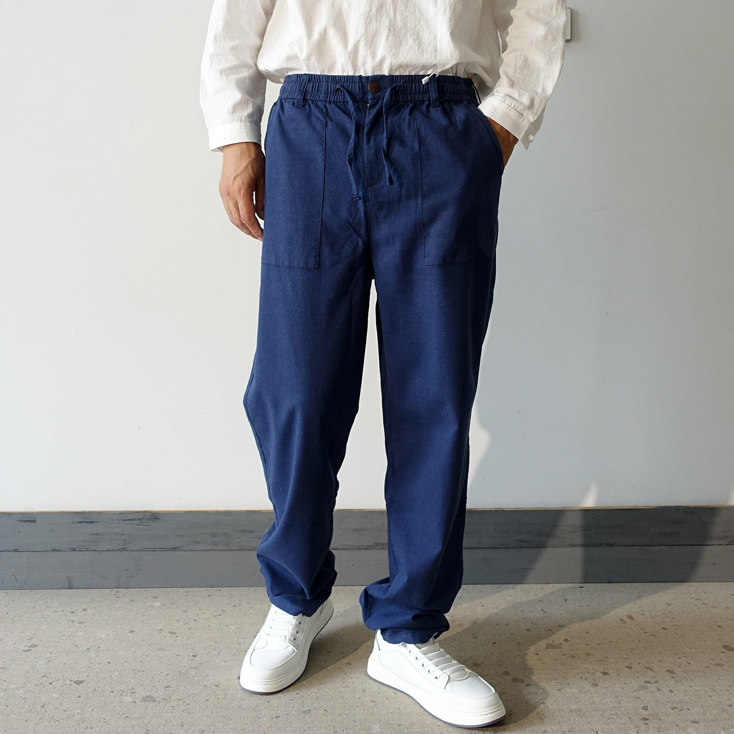 宽松亚麻长裤薄款中国风抽绳松紧男款休闲裤复古慵懒棉麻直筒裤子