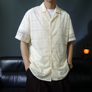 夏季针织镂空衬衫古巴领五分袖男休闲中式短袖大码宽松半袖衬衣潮