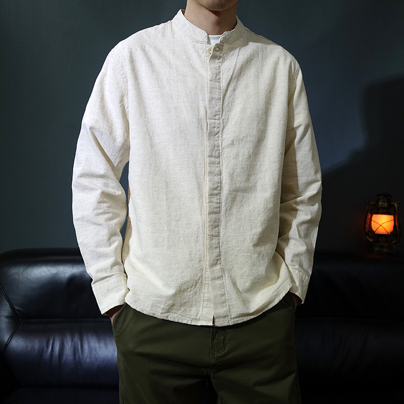 中国风男款暗扣棉麻衬衫薄款长袖休闲春季立领禅服衬衣亚麻中山装