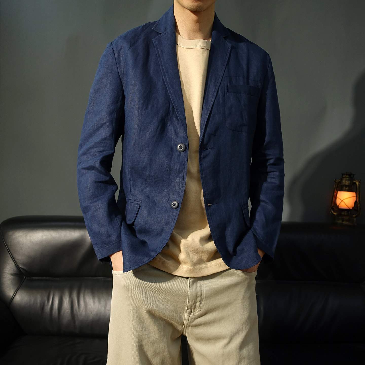 春夏老钱风纯亚麻薄款休闲西装外套男两粒单排扣西服便服麻料单西