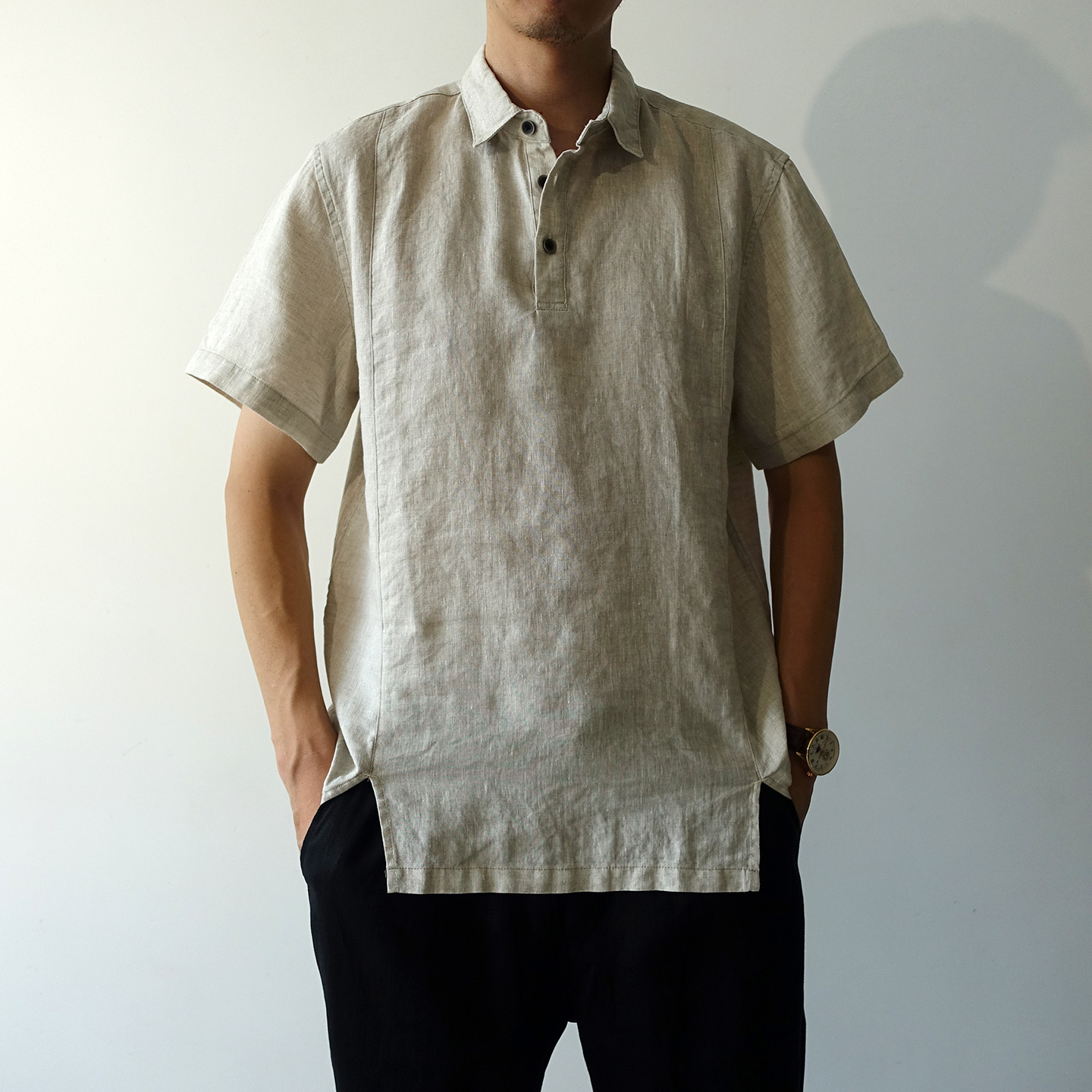 纯亚麻套头衬衫男士短袖2025新款宽松休闲老钱风麻料衬衣夏季翻领