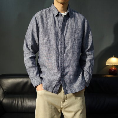 翻领老钱风男纯亚麻长袖衬衫休闲
