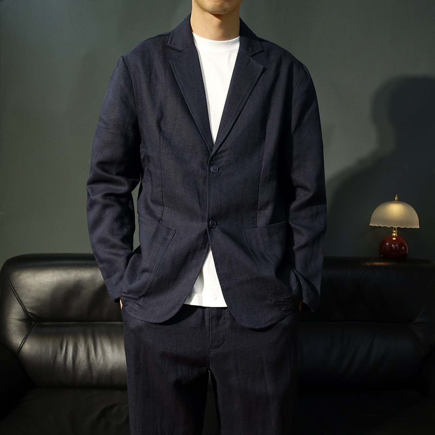 春秋老钱风亚麻莱赛尔西服套装男