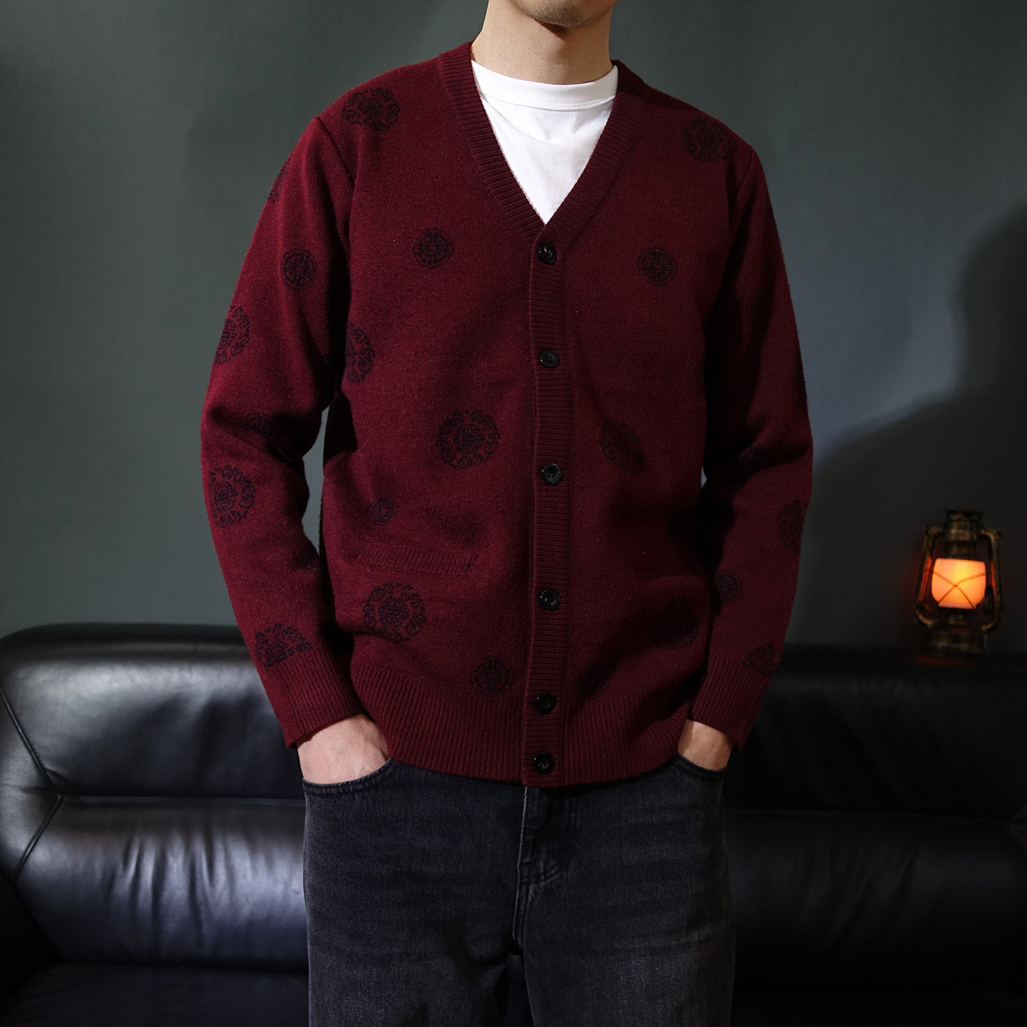 秋冬提花开衫V领抓绒针织衫保暖中国风新年红色爸爸毛衣休闲线衫