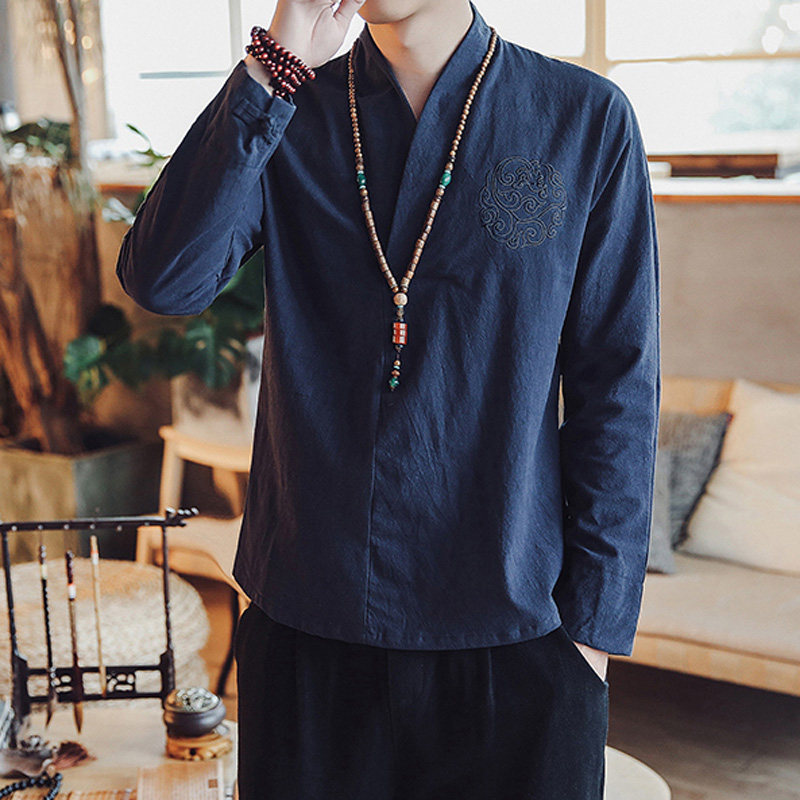 春季居士服男佛系汉服长袖t恤茶人服禅修服中国风复古刺绣唐装潮