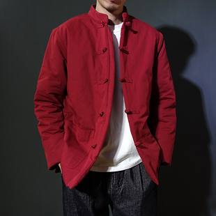 中式盘扣红色棉服立领唐装棉衣男子中山装茶人服新年棉袄外套汉服