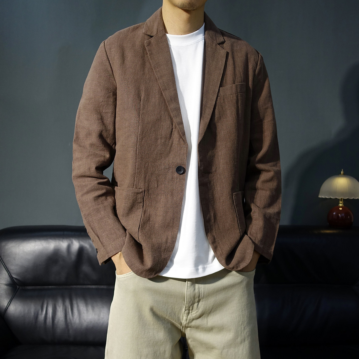 老钱风春秋薄款棉麻一粒扣男士西服苎麻休闲便服单西素色西装外套