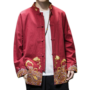 新年衣服男唐装红色国潮结婚盘扣汉服新中式中国风茶服中山装外套