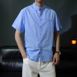 夏季中国风立领短袖衬衫男版中山装棉麻休闲茶服衬衣亚麻禅服上衣