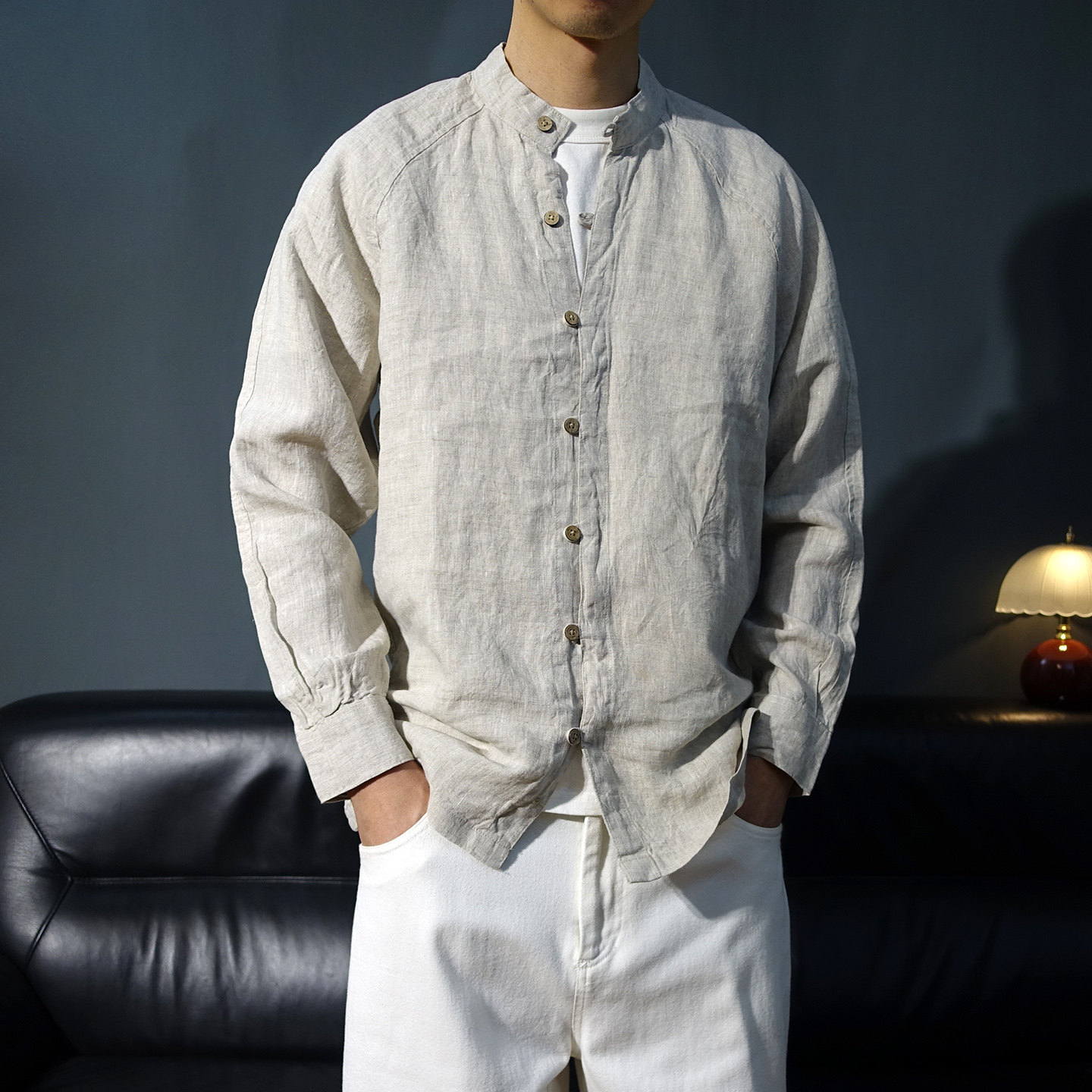 新中式立领纯亚麻长袖衬衫男休闲