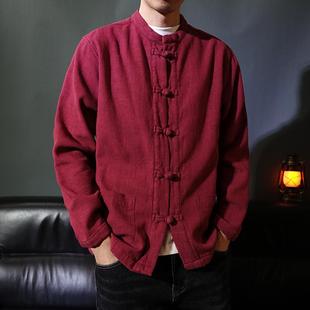 中国风秋冬加绒盘扣棉麻唐装立领长袖衬衫男款中山装禅服茶服外套