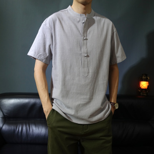 夏季立领盘扣套头中国风薄款棉麻短袖衬衫休闲宽松男版中山装衬衣