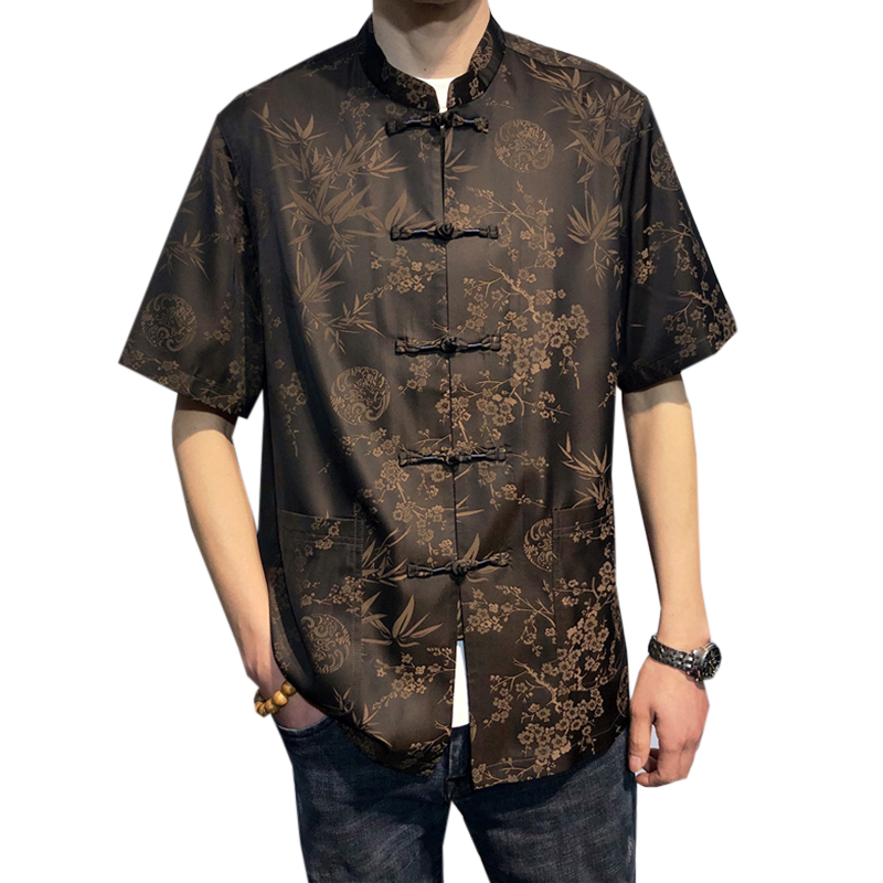 夏季唐装男士短袖衬衫提花宽松