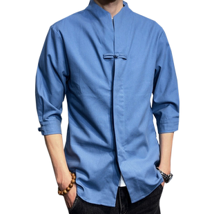 大码中国风春夏七分袖唐装纯色衬衫休闲汉服男夏装盘扣棉麻中山装