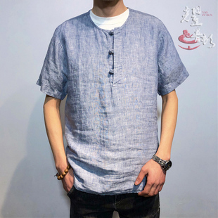 夏季圆领套头纯亚麻薄款唐装短袖衬衫宽松休闲汉服夏装男中山装潮