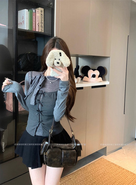 灰色辣妹蝴蝶结真两件长袖t恤女秋季设计感纯欲风修身打底衫上衣
