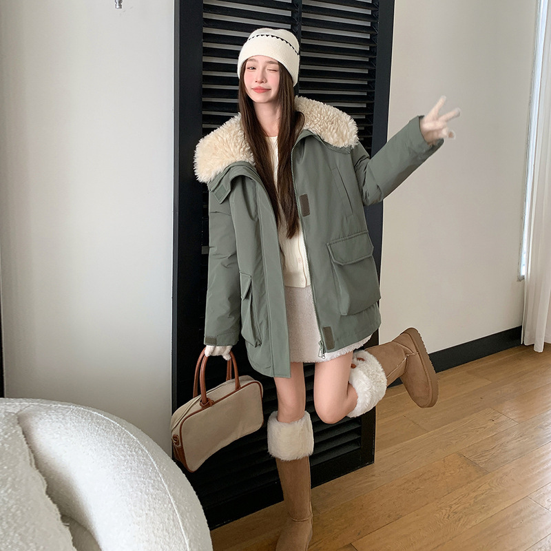 2025冬季新款赵露路同款女冲锋衣派克服羊羔毛棉服中长款外套