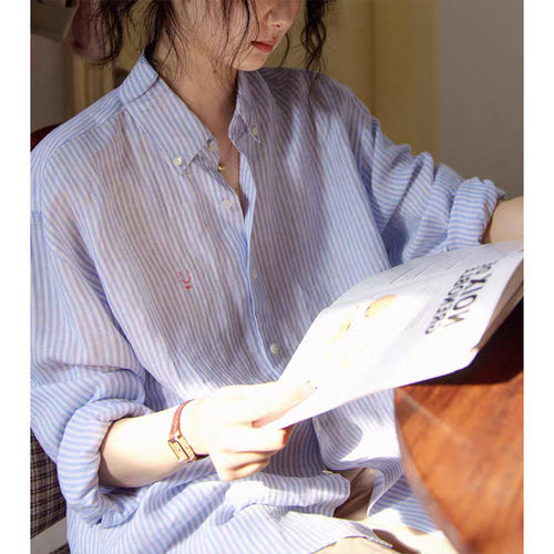 法式蓝色条纹防晒亚麻衬衫女春季外搭设计感长袖衬衣外套刺绣上衣