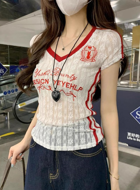 kellykitty美辣学姐 美式V领微透蕾丝刺绣T恤女夏季短袖显瘦上衣