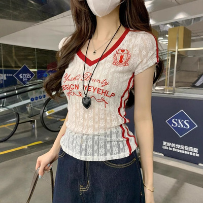 kellykitty美辣学姐 美式V领微透蕾丝刺绣T恤女夏季短袖显瘦上衣