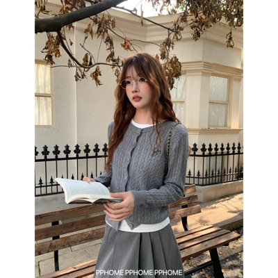 PPHOME自制~刺绣麻花针织衫女早秋毛衣外套灰色长袖针织开衫衣