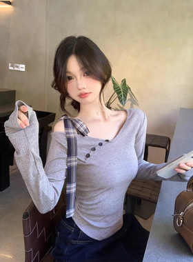 灰色不规则新款蝴蝶结露肩女装秋季T恤辣妹短款修身长袖打底上衣