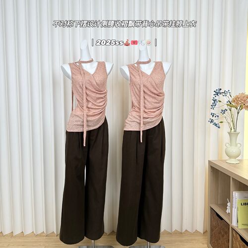 someone sometimes不对称下摆设计侧腰收褶飘带背心吊带挂脖上衣