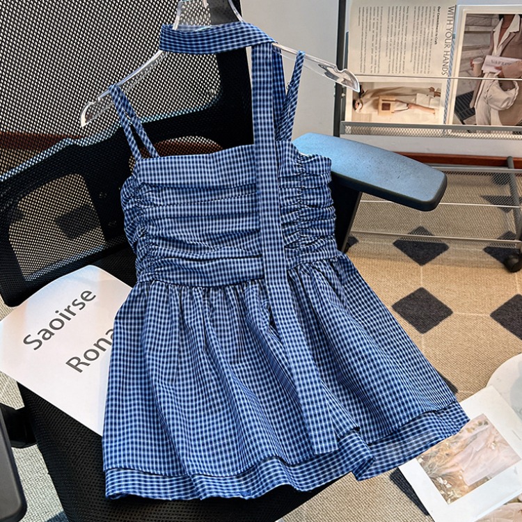 韩系chic蓝色格子吊带背心女夏季外穿收腰显瘦无袖抹胸娃娃衫上衣