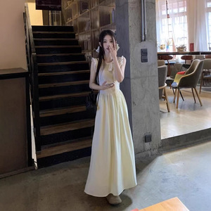 无袖连衣裙2026春季新款温柔风蝴蝶结甜美裙收腰显瘦气质仙女长裙