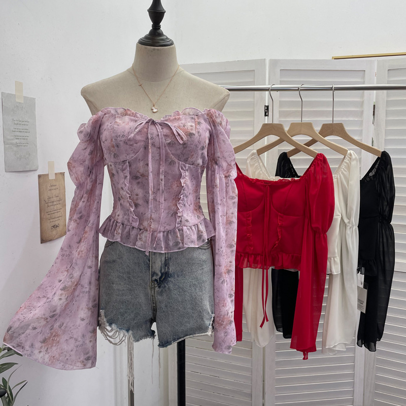 实拍蝴蝶结绑带设计感一字肩长袖碎花雪纺衫喇叭袖带胸垫上衣9639