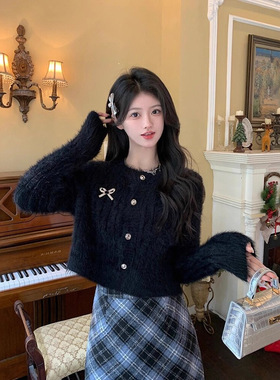 时尚显瘦黑色蝴蝶结小个子百搭短款毛衣秋冬气质甜美设计开衫