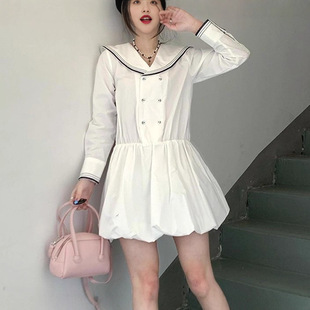 法式复古海军领长袖连衣裙女2025秋季新款白色短款收腰显瘦花苞