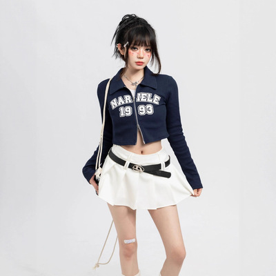 设计感Polo领正肩长袖T恤女秋季辣妹设计感双拉链短款开衫上衣女