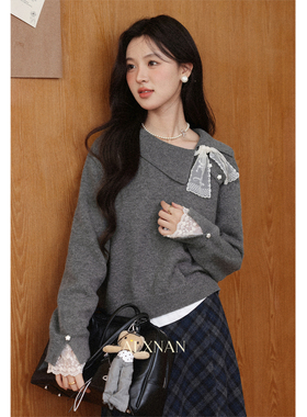 「温柔姐系」灰色套头毛衣秋冬女新款蕾丝长袖宽松针织衫衣外套