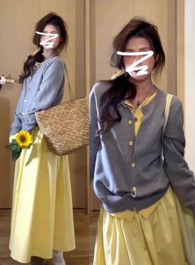 法式灰色假两件针织衫女开衫2025秋季新款毛衣外套高级感秋冬