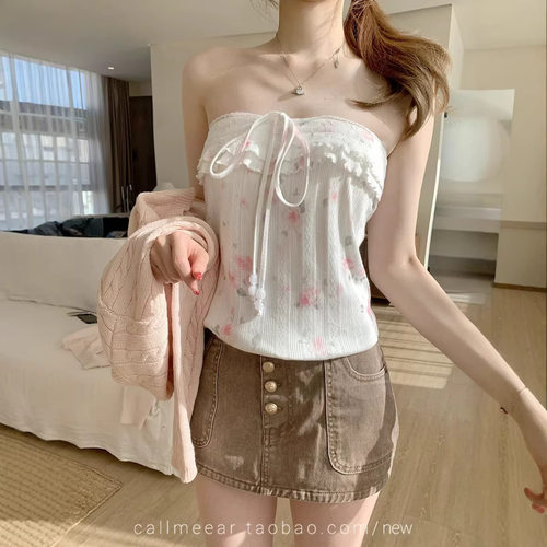 CallmeEar//印花碎褶挂脖蕾丝拼接木耳边纯欲抹胸背心上衣女