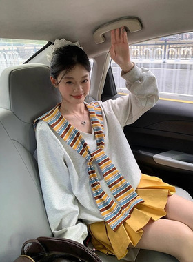 花灰色条纹披肩卫衣女春秋2025秋季新款假两件V领宽松无帽上衣潮