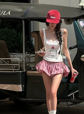 韩好甜WARDEN EDGE 低腰格子花苞裤女夏辣妹宽松显瘦休闲红色短裤