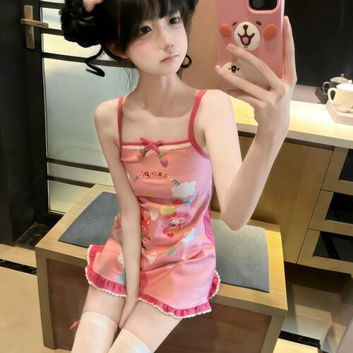 日系少女儿服甜美可爱mezzopiano复刻草莓彩虹童趣印花吊带连衣裙