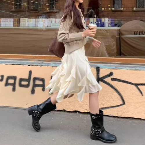 pusumede不规则半身裙女2026新款设计感小众荷叶边蕾丝拼接裙子