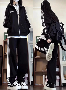 黑色条纹运动裤女款2025新款春秋休闲宽松小个子卫裤夏阔腿遛弯