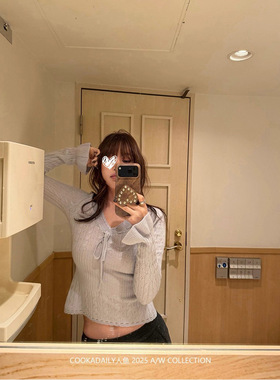 cookadaily人鱼_纯羊毛镂空肌理绑带纯欲韩系针织打底衫内搭上衣