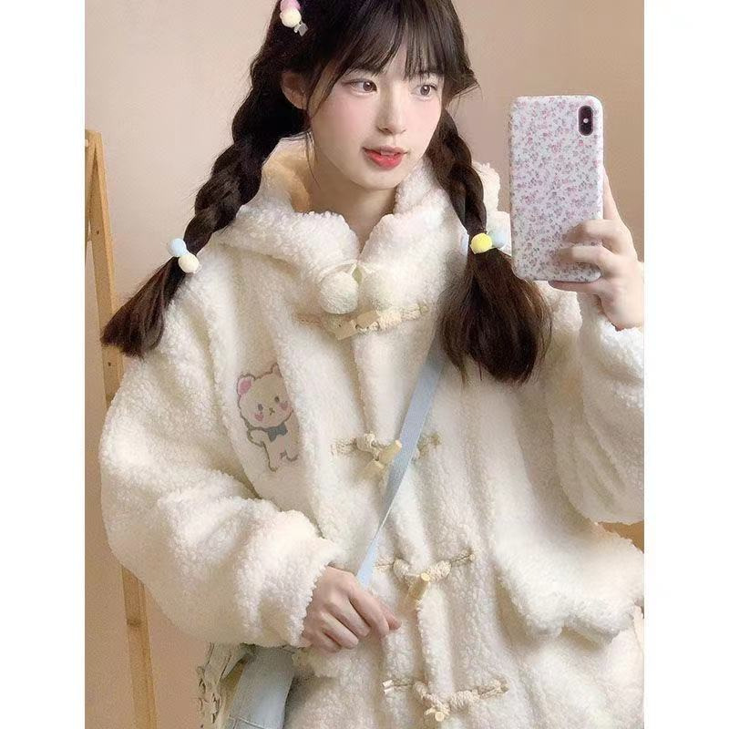 日系羊羔绒小熊外套女冬季新款可爱加绒加厚棉服跨境亚马逊代