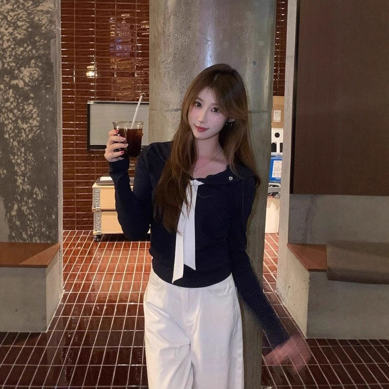 韩系减龄气质娃娃领撞色上衣女绑带秋新款显瘦设计感高级长袖t恤