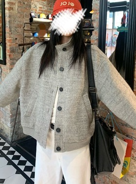 美式秋冬灰色立领毛呢夹克 设计感宽松休闲潮流外套temu跨境代发